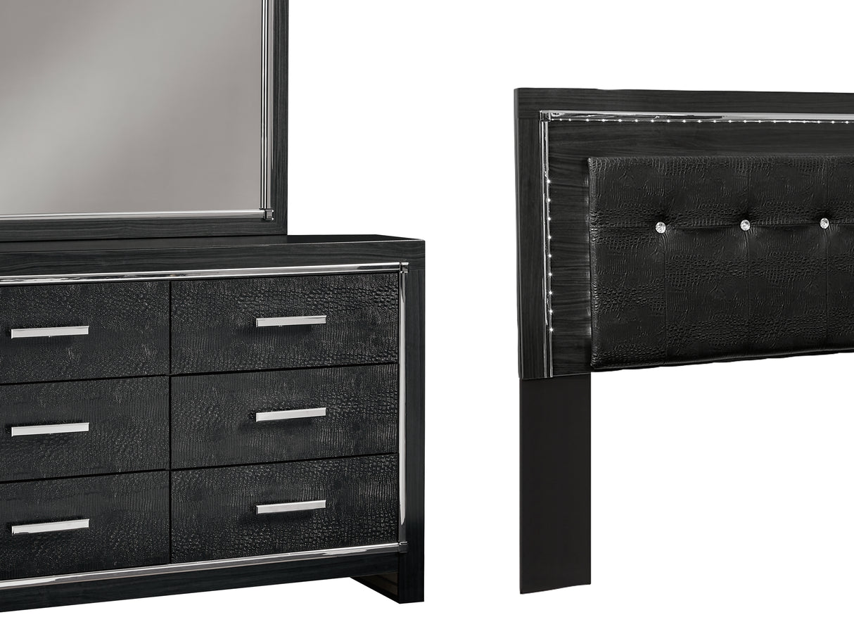 Kaydell Black Queen/Full Upholstered Panel Headboard, Dresser And Mirror