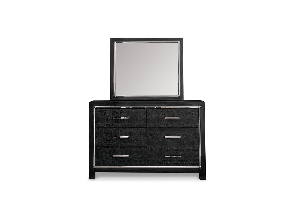 Kaydell Black Queen Upholstered Panel Bed, Dresser, Mirror, And Nightstand