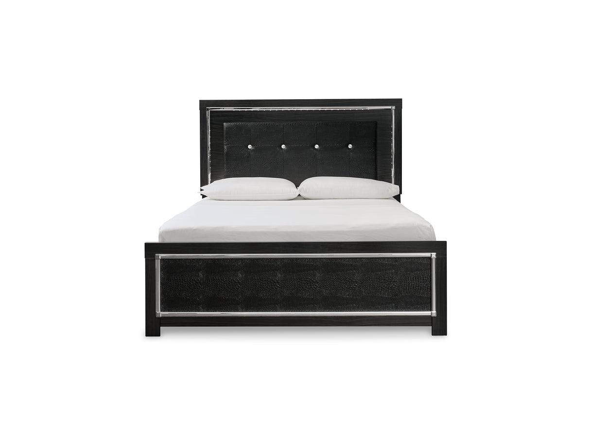 Kaydell Black Queen Upholstered Panel Bed, Dresser, Mirror And Chest