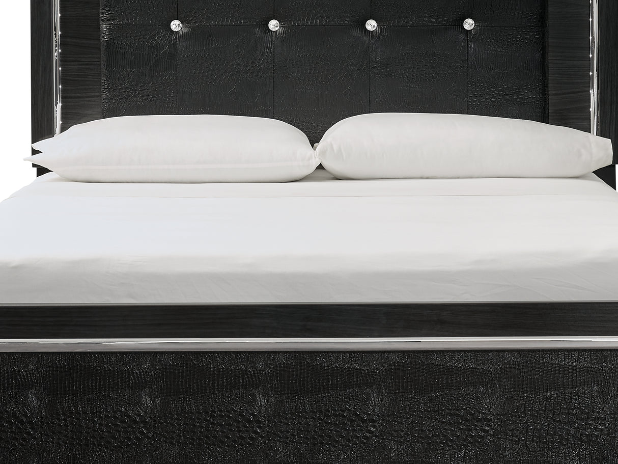 Kaydell Black Queen Upholstered Panel Bed, Dresser, Mirror And Nightstand