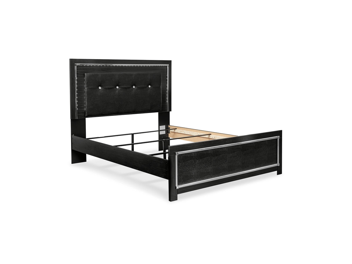 Kaydell Black Queen Upholstered Panel Bed, Dresser, Mirror And Chest