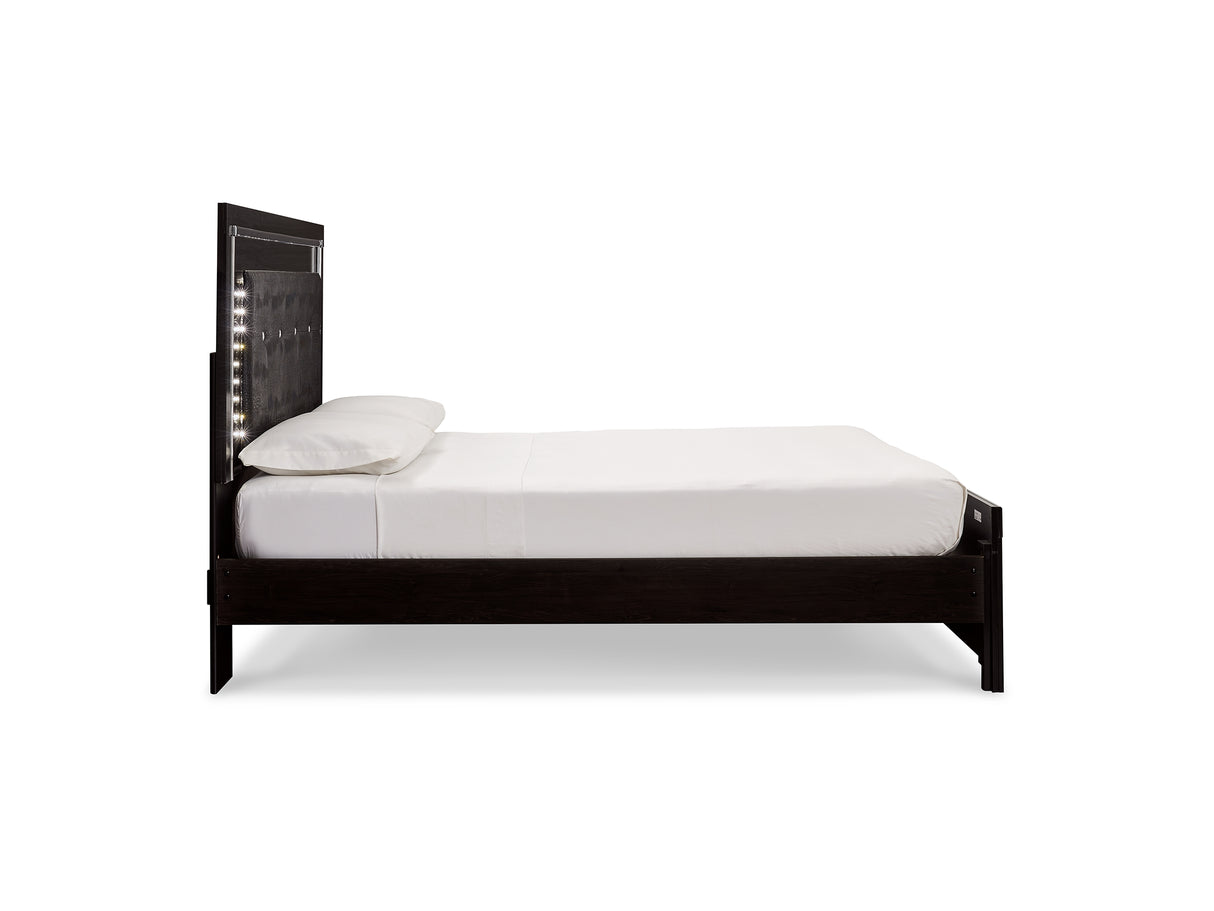 Kaydell Black Queen Upholstered Panel Bed, Dresser, Mirror, And Nightstand