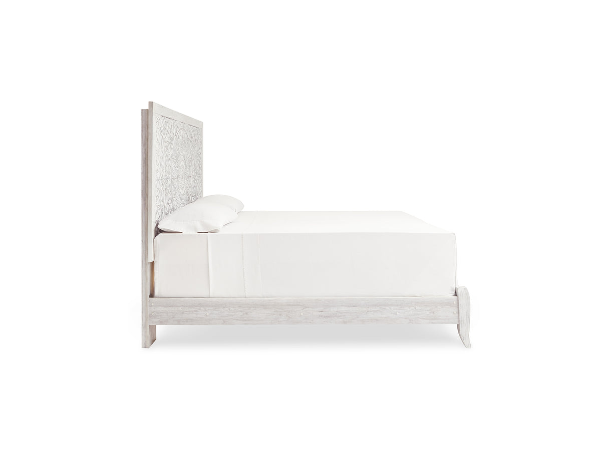 Paxberry Whitewash King Panel Bed, Dresser, Mirror And Nightstand