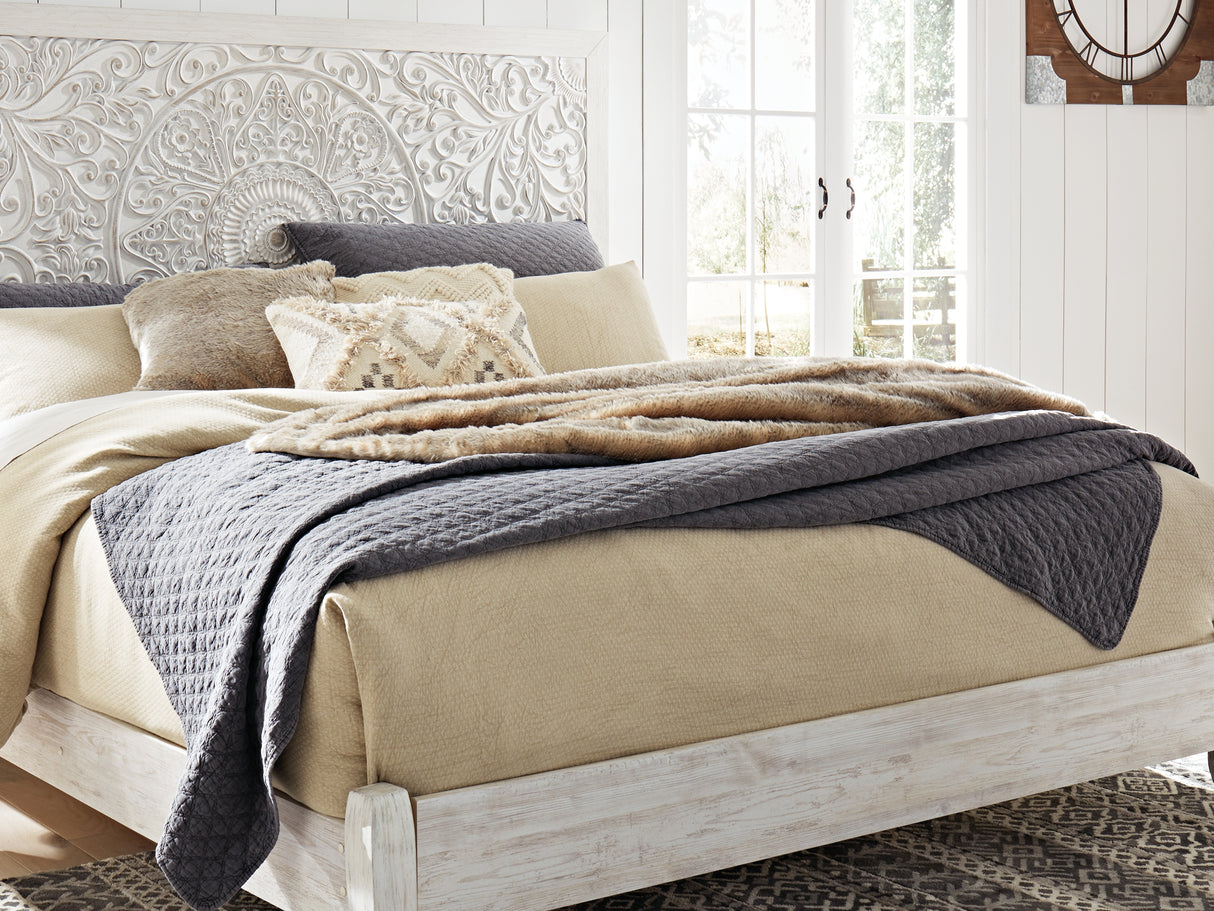 Paxberry Whitewash King Panel Bed, Dresser, Mirror And Nightstand