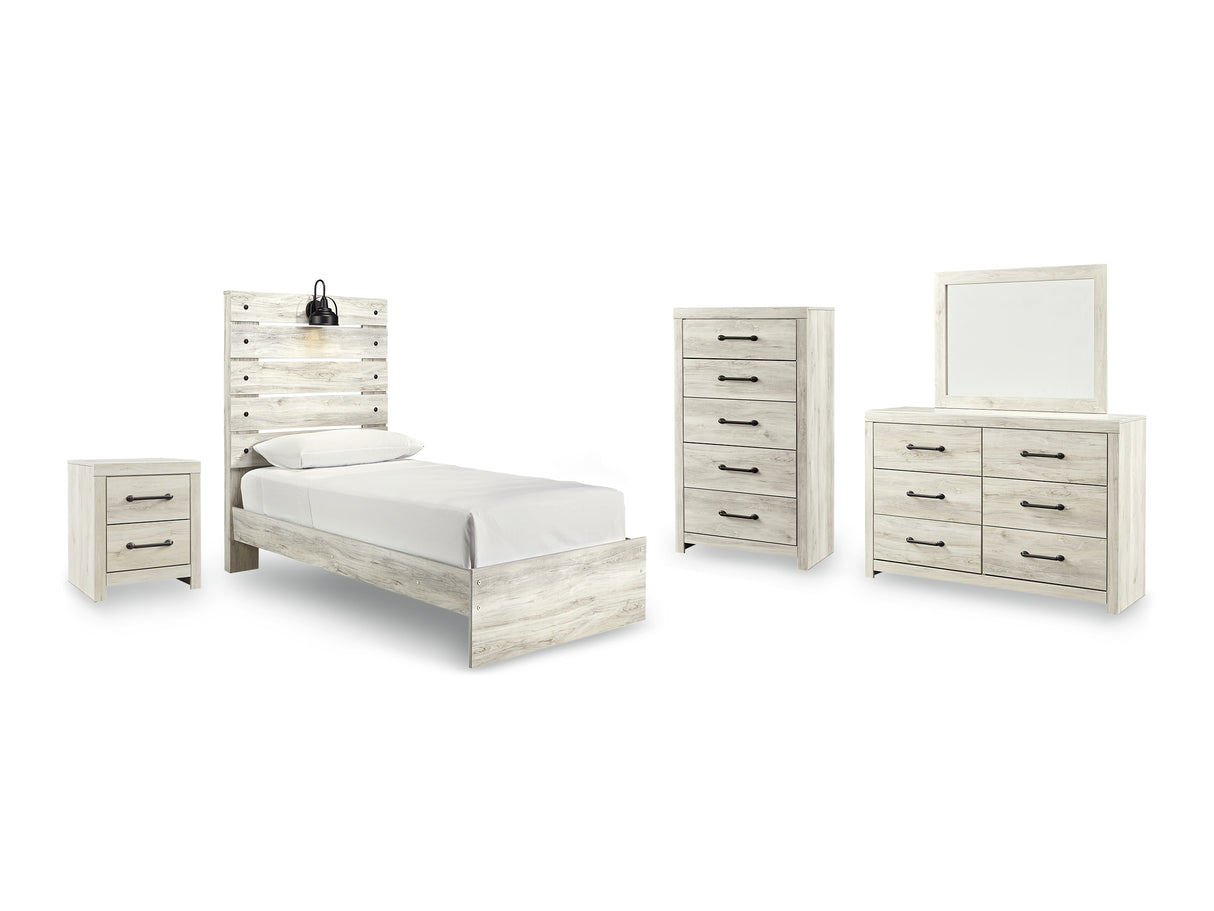 Cambeck Whitewash Twin Panel Bed, Dresser, Mirror, Chest, And Nightstand
