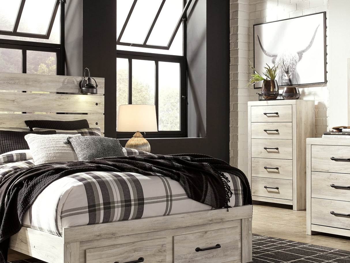 Cambeck Whitewash Queen Panel Storage Bed, Dresser, Mirror And Nightstand