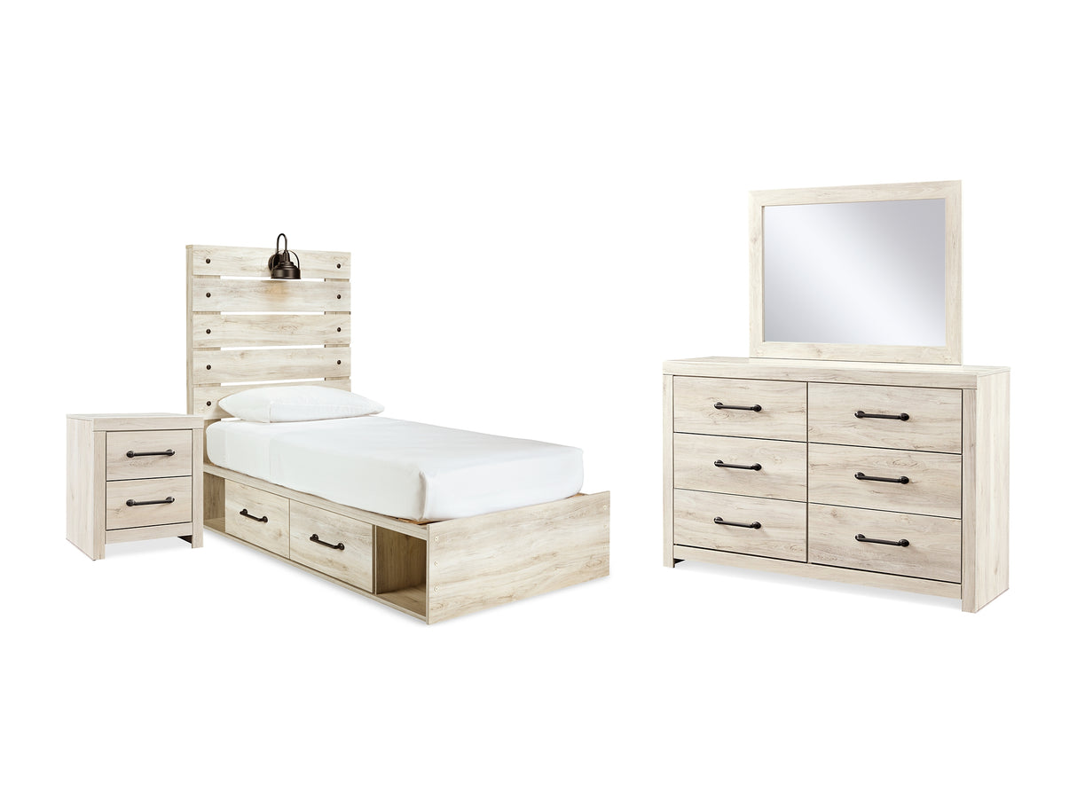 Cambeck Whitewash Twin Storage Bed, Dresser, Mirror And Nightstand