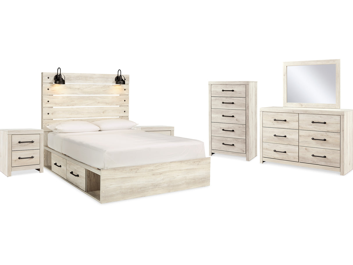 Cambeck Whitewash Queen Panel Storage Bed, Dresser, Mirror, 2 Chests And Nightstands