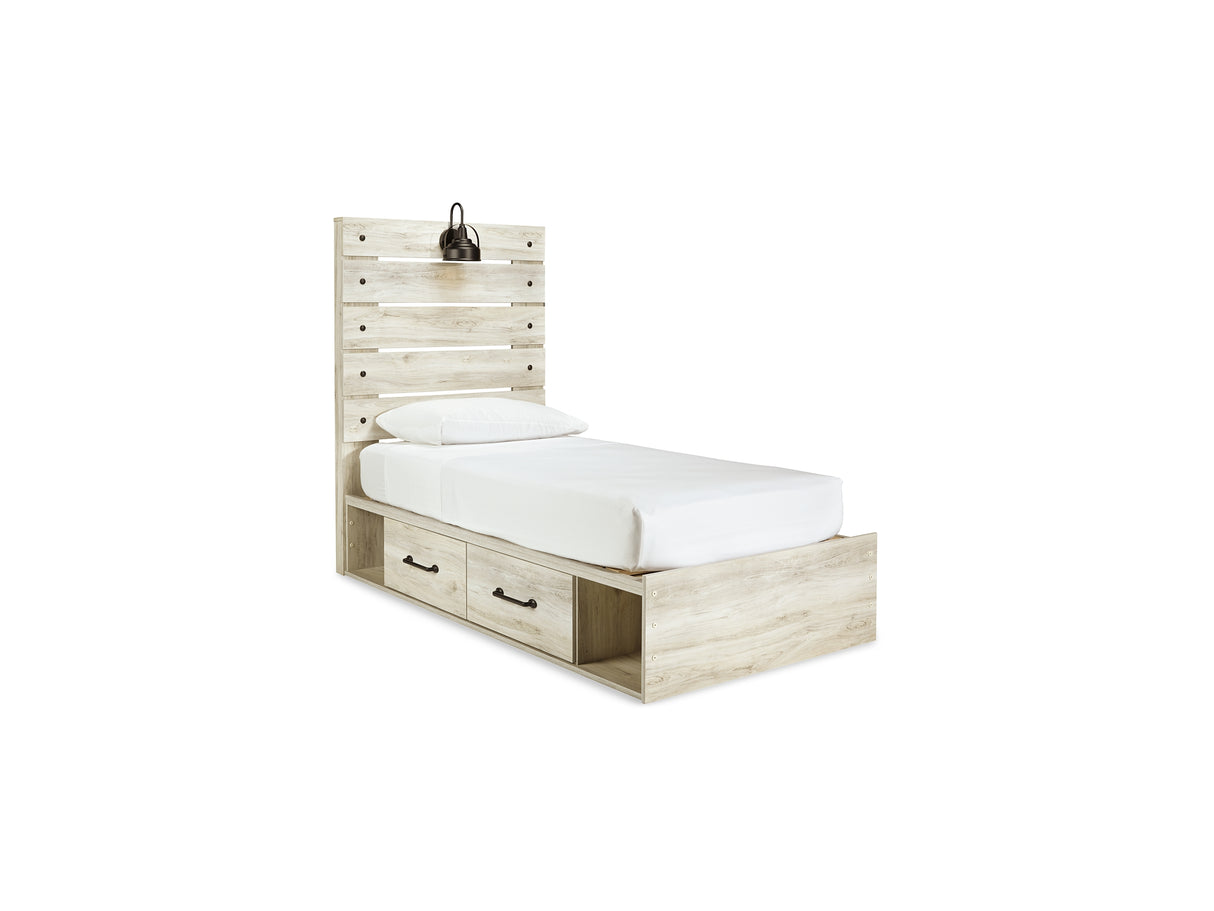 Cambeck Whitewash Twin Storage Bed, Dresser, Mirror And Nightstand