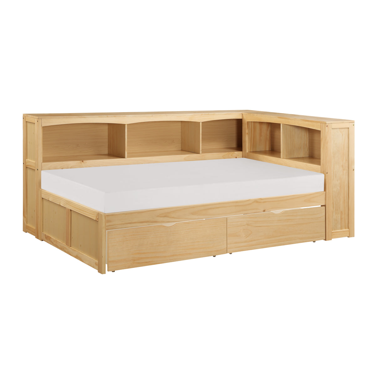 Bartly Natural Pine Twin Bookcase Corner Bed With Storage Boxes