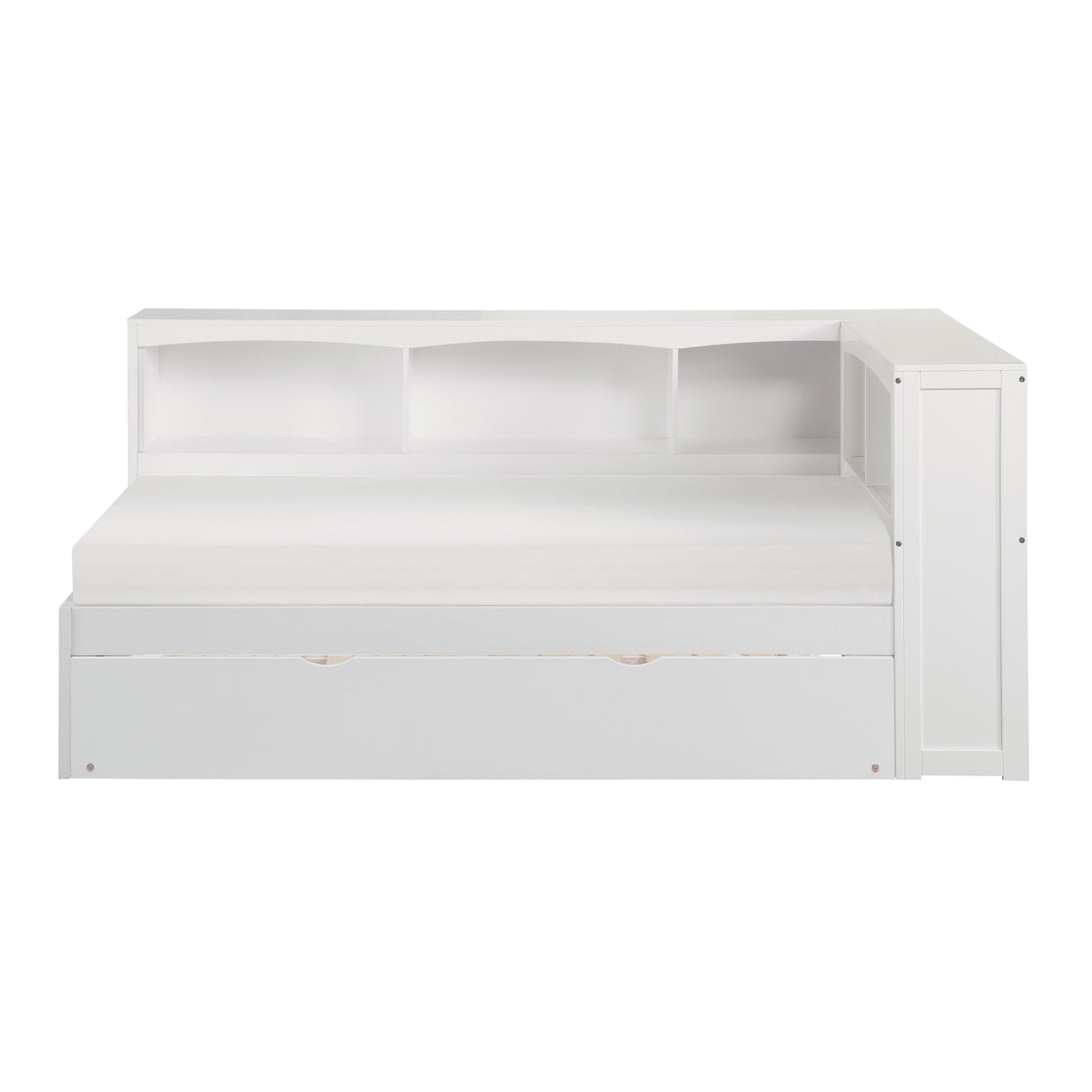 Galen White Twin Bookcase Corner Bed With Trundle