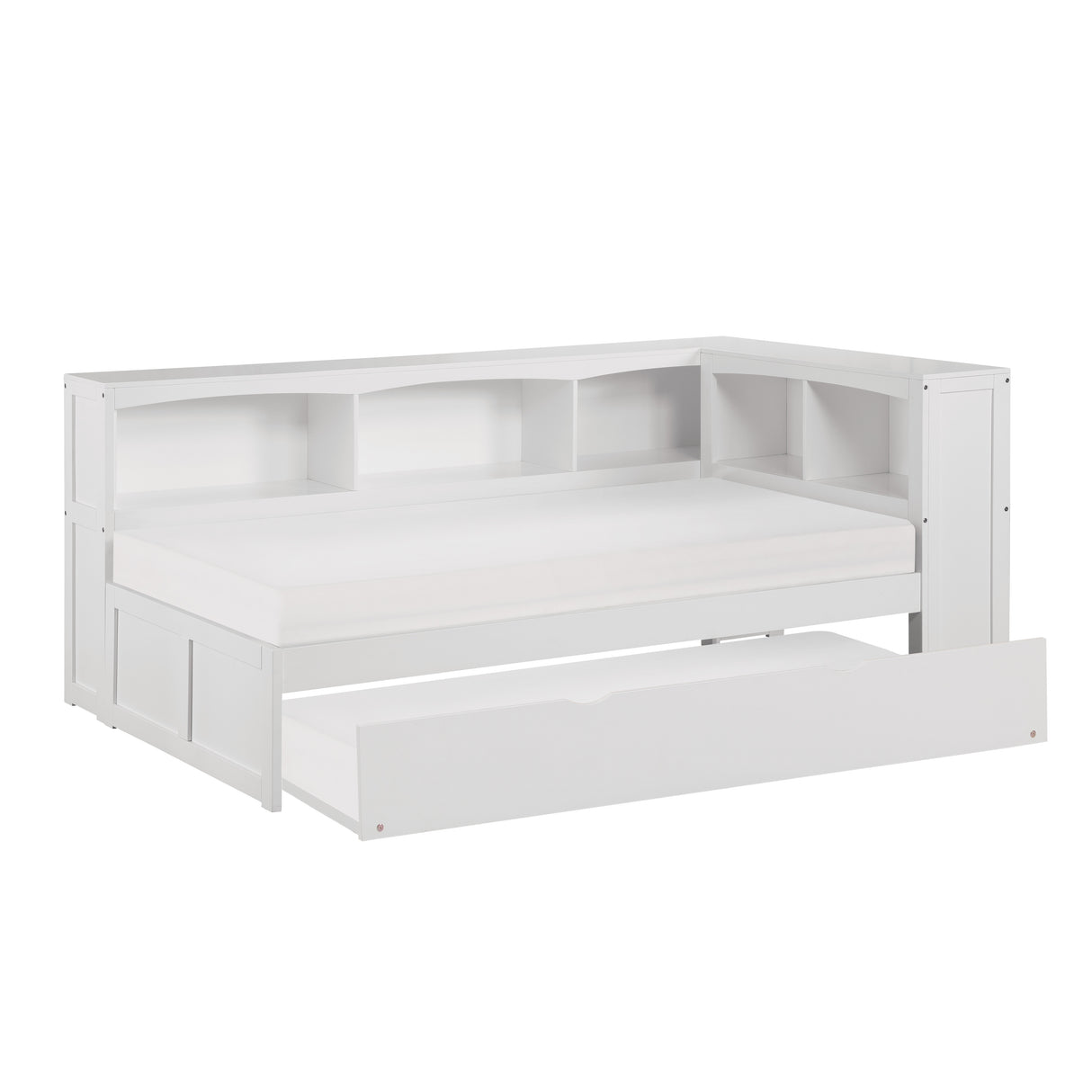 Galen White Twin Bookcase Corner Bed With Trundle