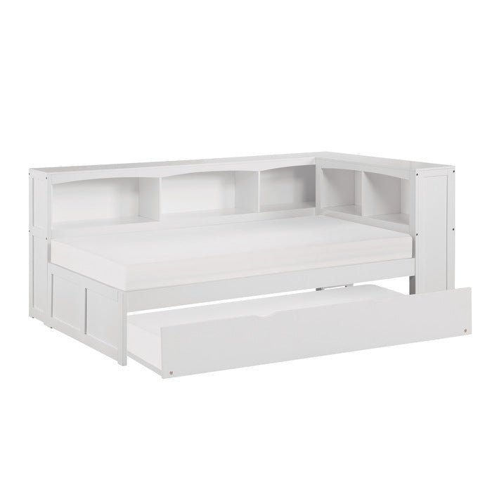 Galen White Twin Bookcase Corner Bed With Trundle