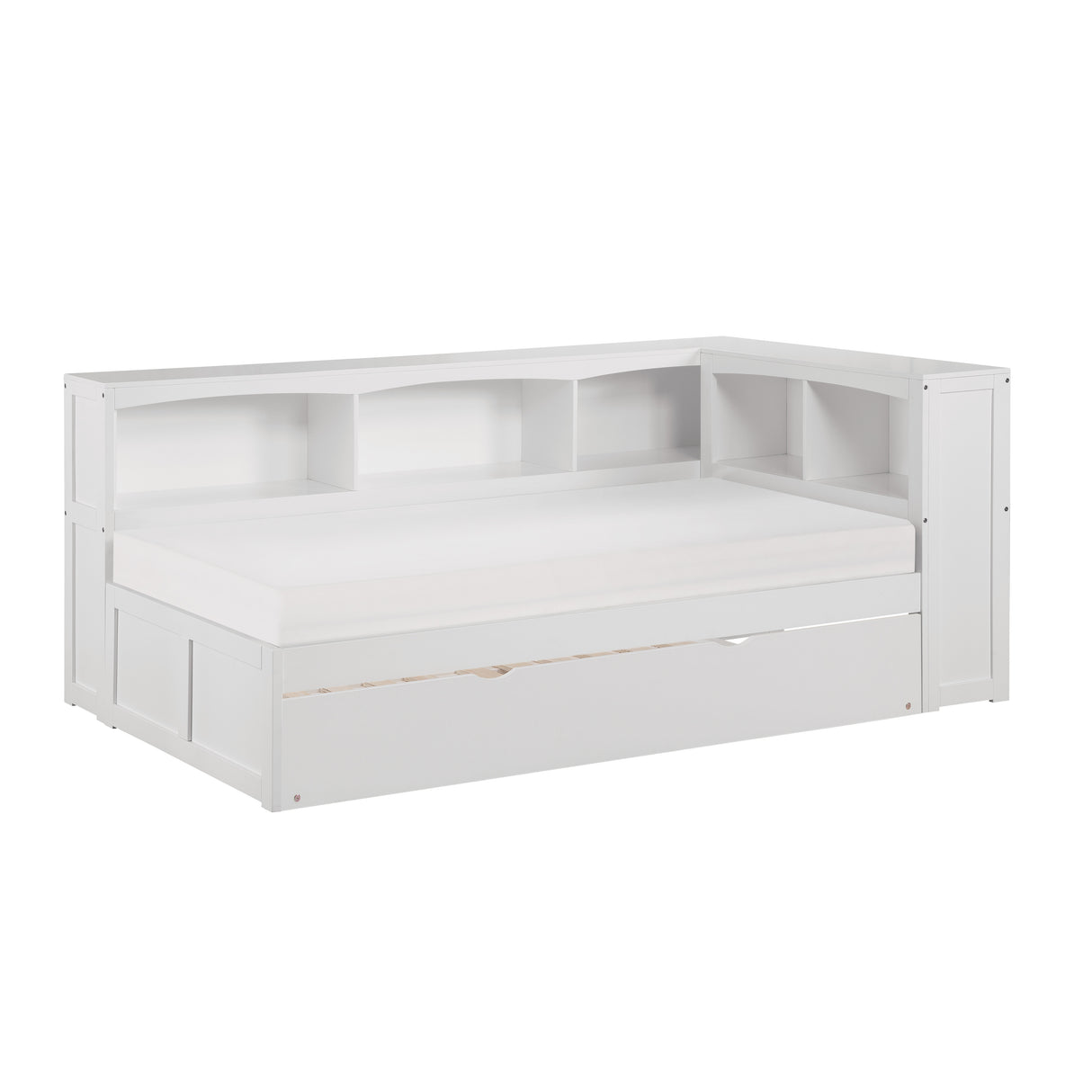 Galen White Twin Bookcase Corner Bed With Trundle