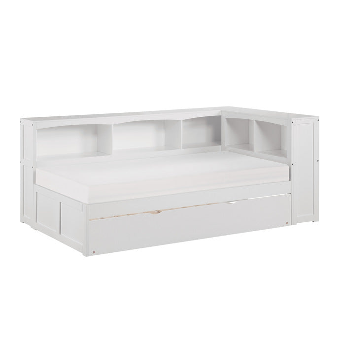 Galen White Twin Bookcase Corner Bed With Trundle