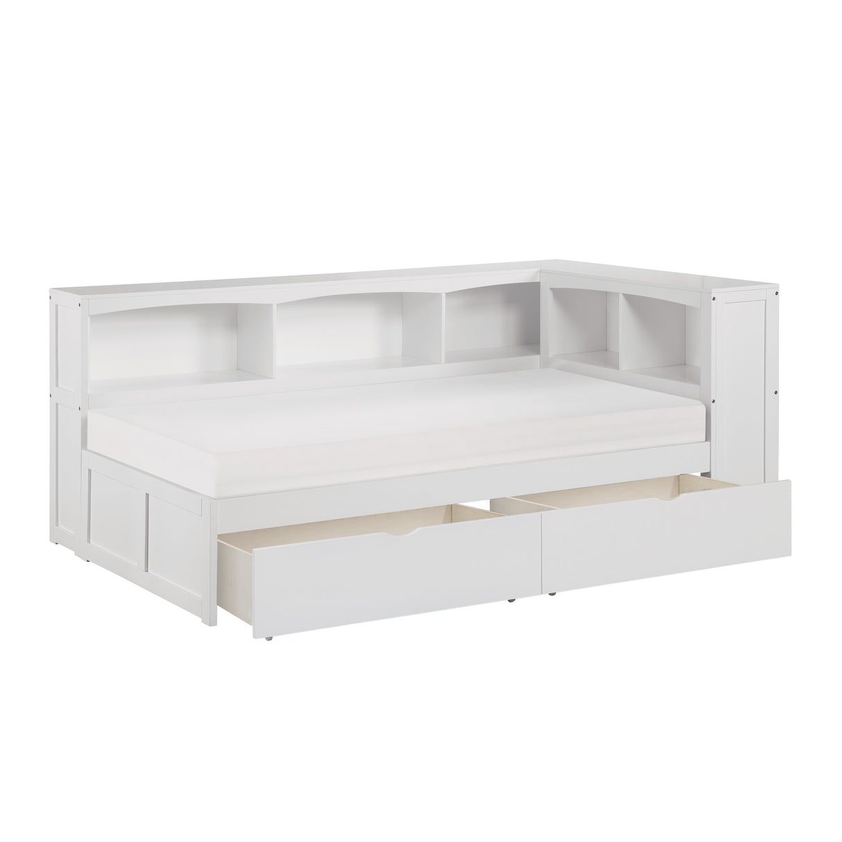 Galen White Twin Bookcase Corner Bed With Storage Boxes
