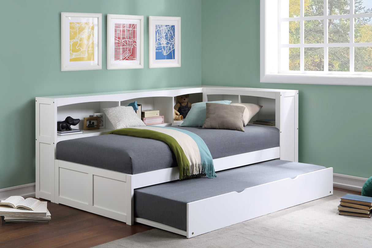 Galen White Twin Bookcase Corner Bed With Trundle