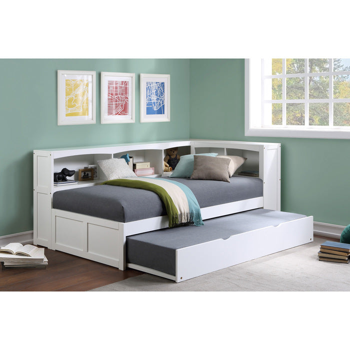 Galen White Twin Bookcase Corner Bed With Trundle