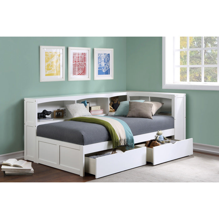 Galen White Twin Bookcase Corner Bed With Storage Boxes