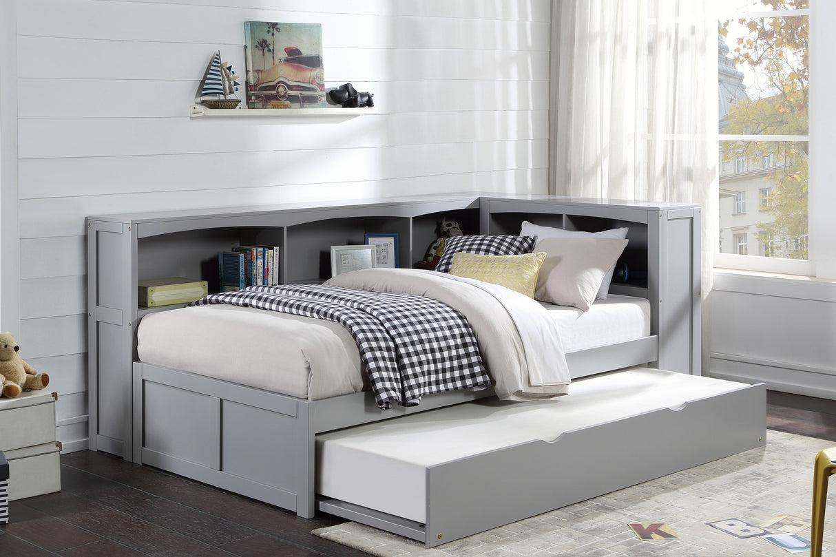Orion Gray Twin Bookcase Corner Bed With Trundle