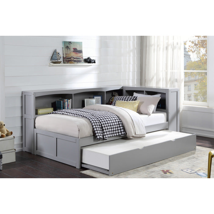 Orion Gray Twin Bookcase Corner Bed With Trundle