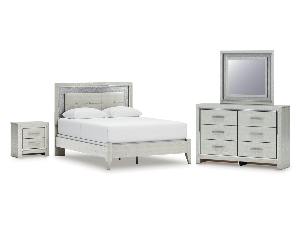 Zyniden Silver Queen Upholstered Panel Bed, Dresser, Mirror And Nightstand
