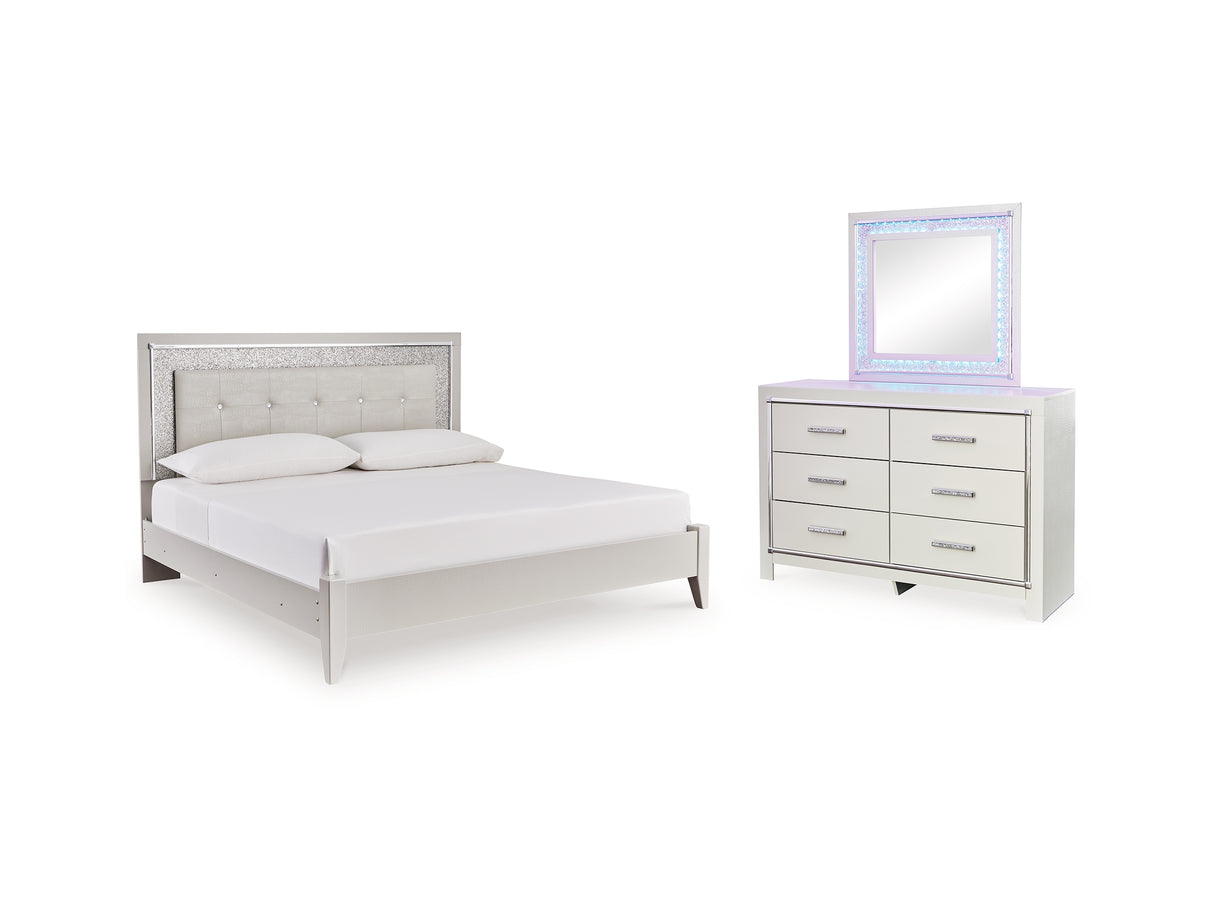 Zyniden Silver King Upholstered Panel Bed, Dresser And Mirror