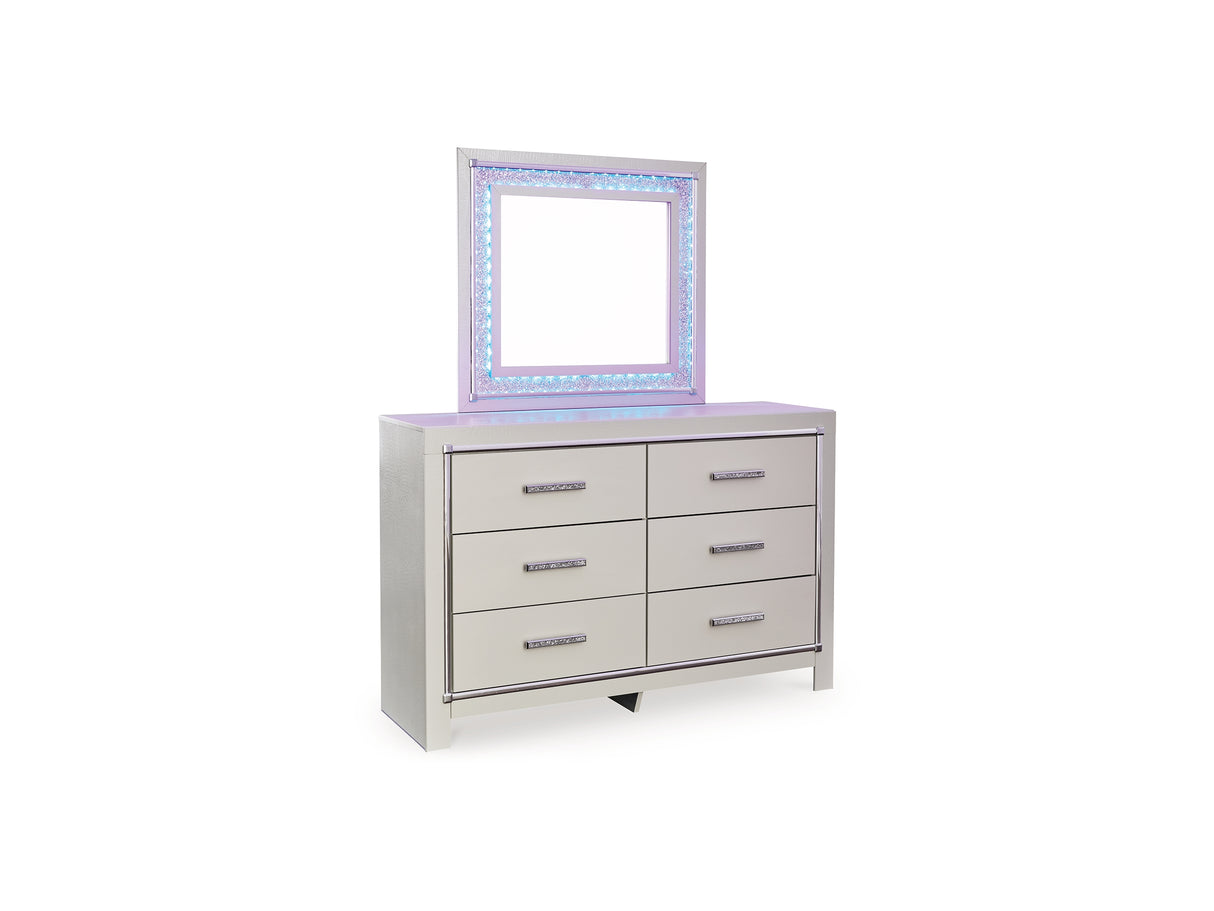 Zyniden Silver Full Panel Bed, Dresser, Mirror And Nightstand