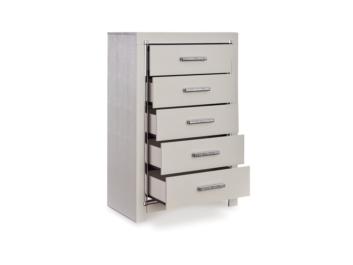 Zyniden Silver Queen Upholstered Panel Bed, Dresser, Mirror, Chest And 2 Nightstands