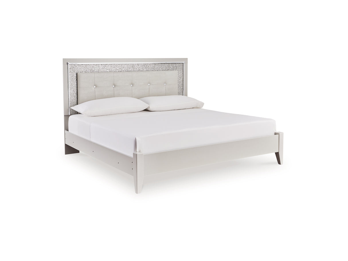 Zyniden Silver King Upholstered Panel Bed, Dresser And Mirror