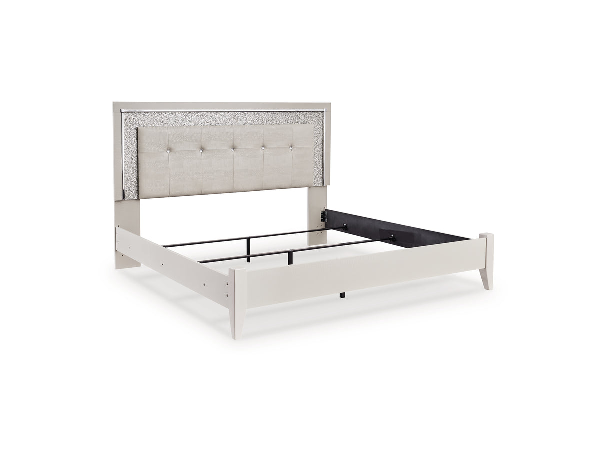 Zyniden Silver King Upholstered Panel Bed, Dresser And Mirror