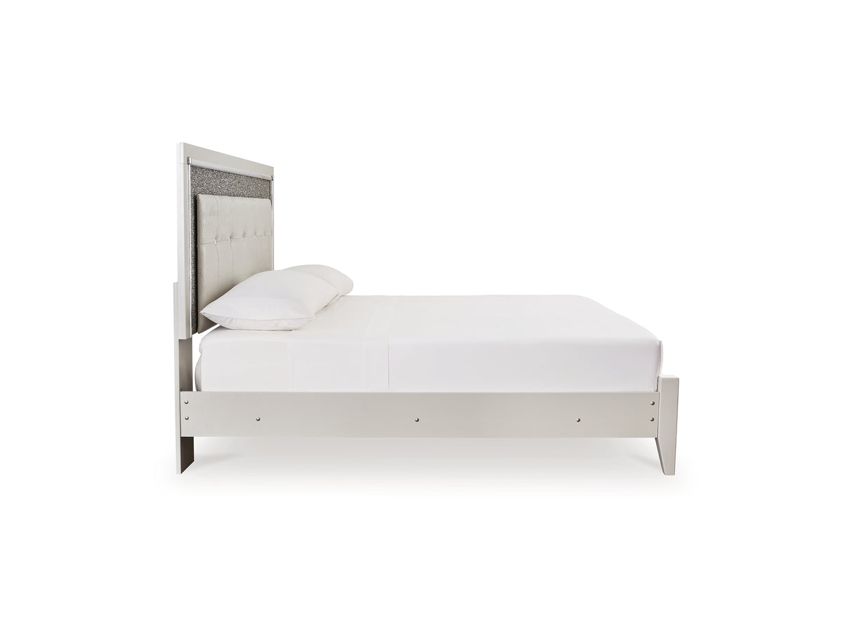 Zyniden Silver King Upholstered Panel Bed, Dresser And Mirror