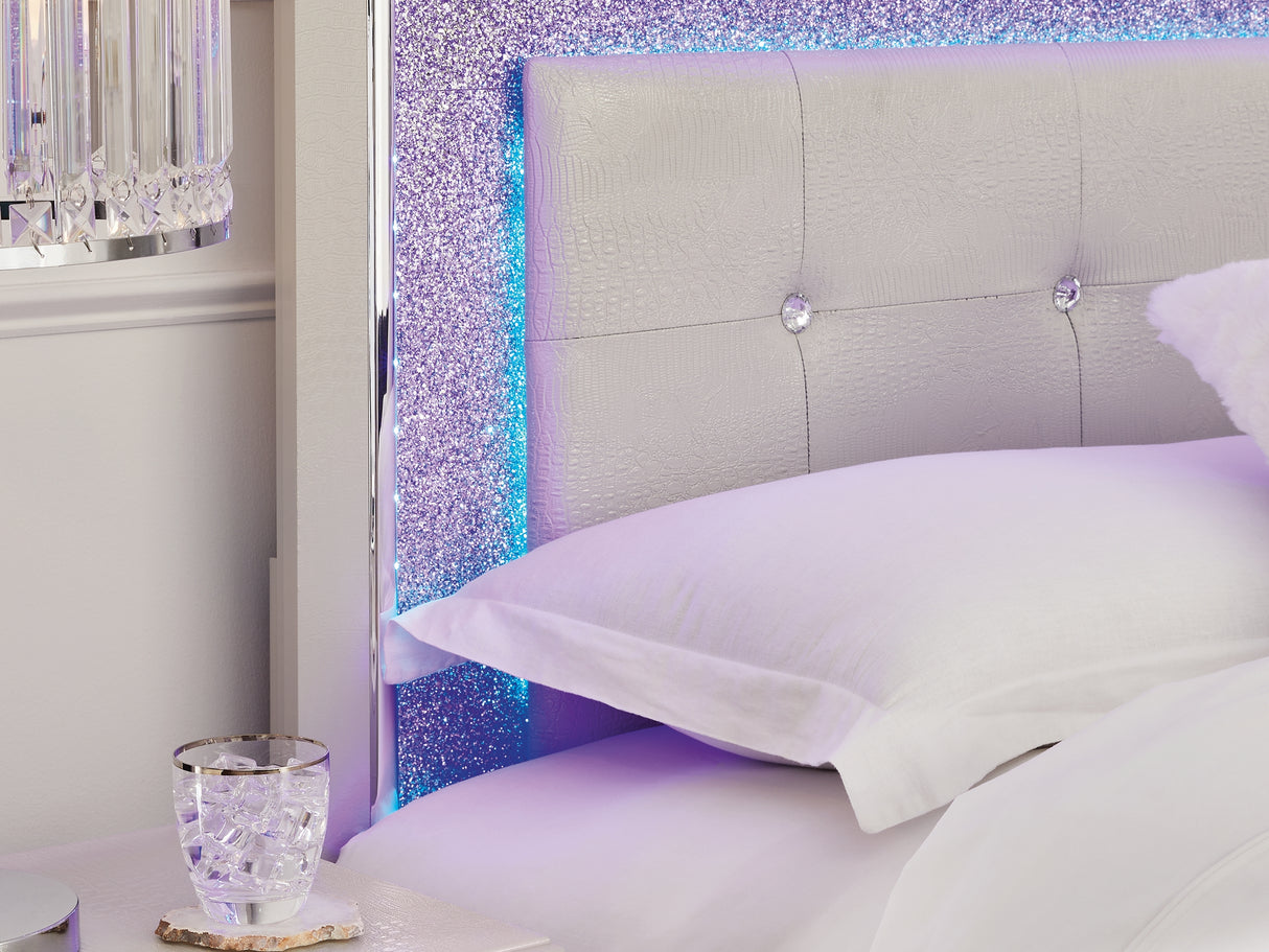 Zyniden Silver Queen Upholstered Panel Bed, Dresser, Mirror, Chest And 2 Nightstands