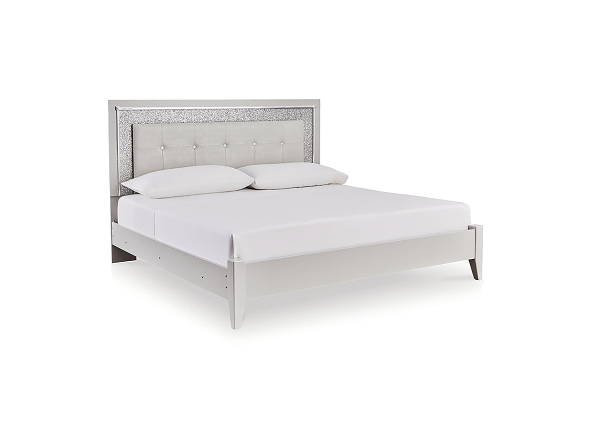 Zyniden Silver Full Panel Bed, Dresser, Mirror And Nightstand