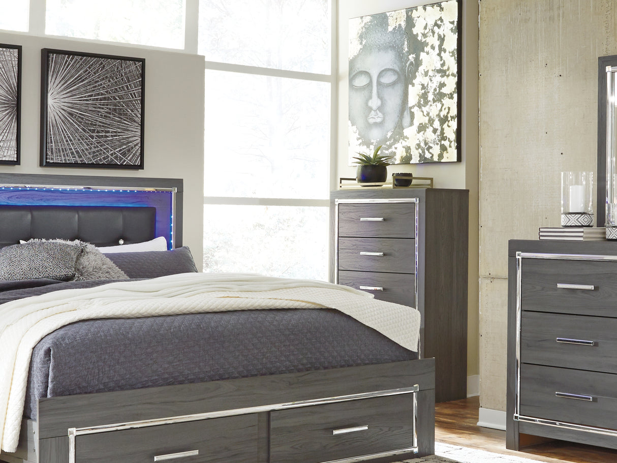 Lodanna Gray King Upholstered Storage Bed, Dresser, Mirror, Chest And 2 Nightstands