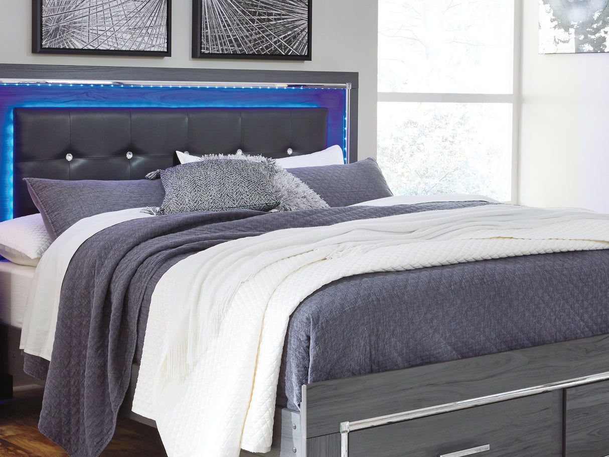 Lodanna Gray King Upholstered Storage Bed, Dresser, Mirror, And Nightstand