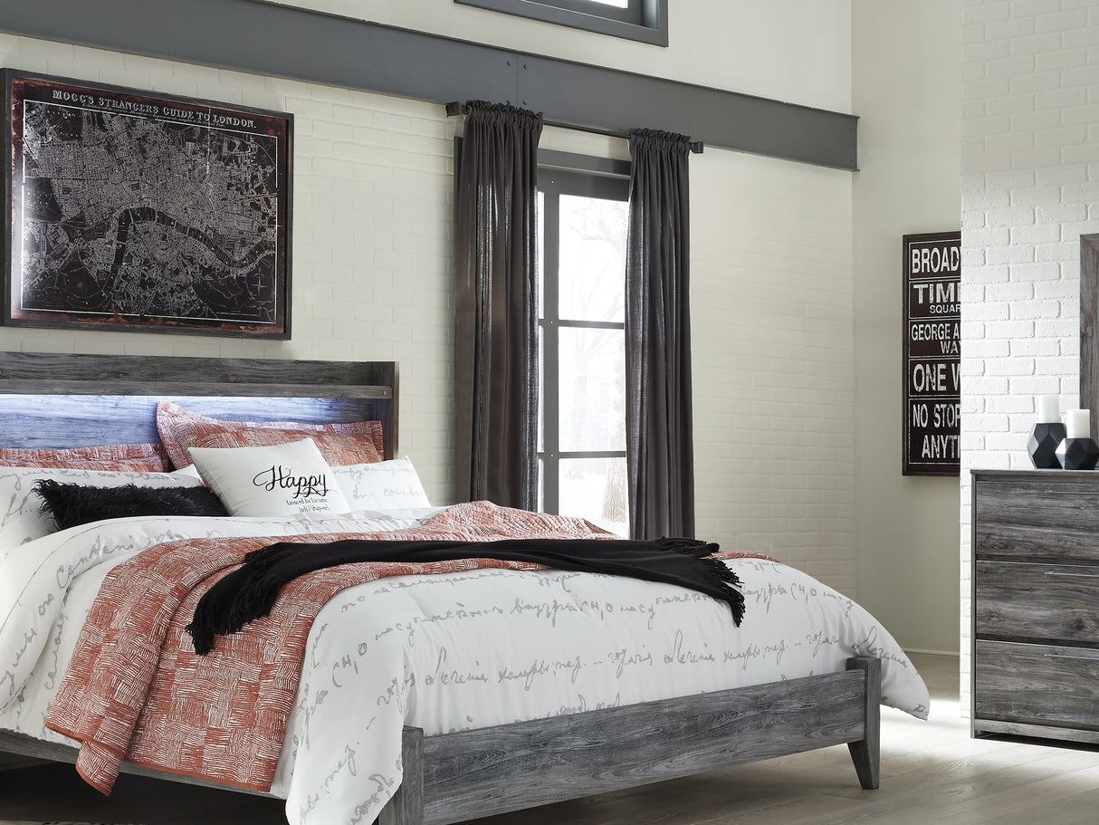 Baystorm Gray King Panel Bed, Dresser, Mirror, And Nightstand
