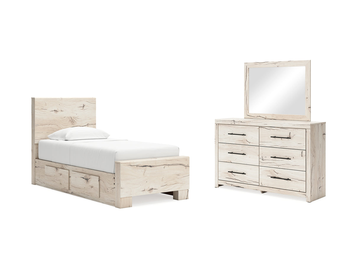 Lawroy Light Natural Twin Panel Bed With Storage, Dresser And Mirror