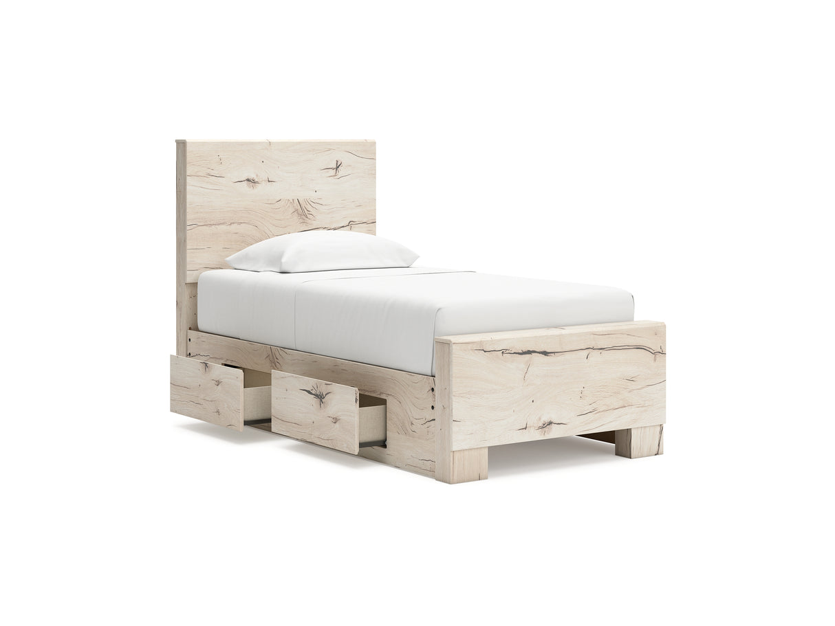 Lawroy Light Natural Twin Panel Bed With Storage, Dresser And Mirror