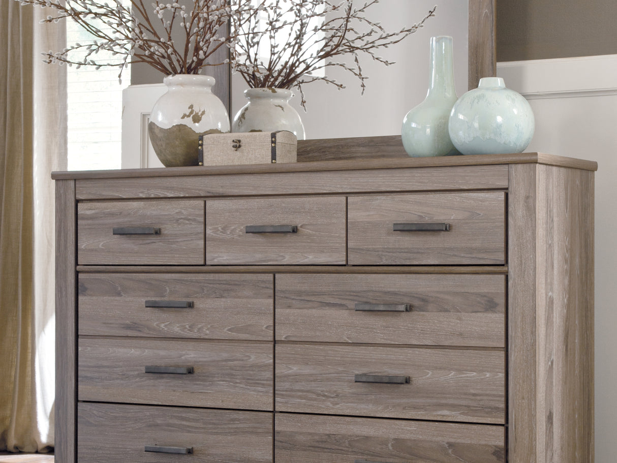 Zelen Warm Gray Full Panel Bed, Dresser, Mirror, And Nightstand