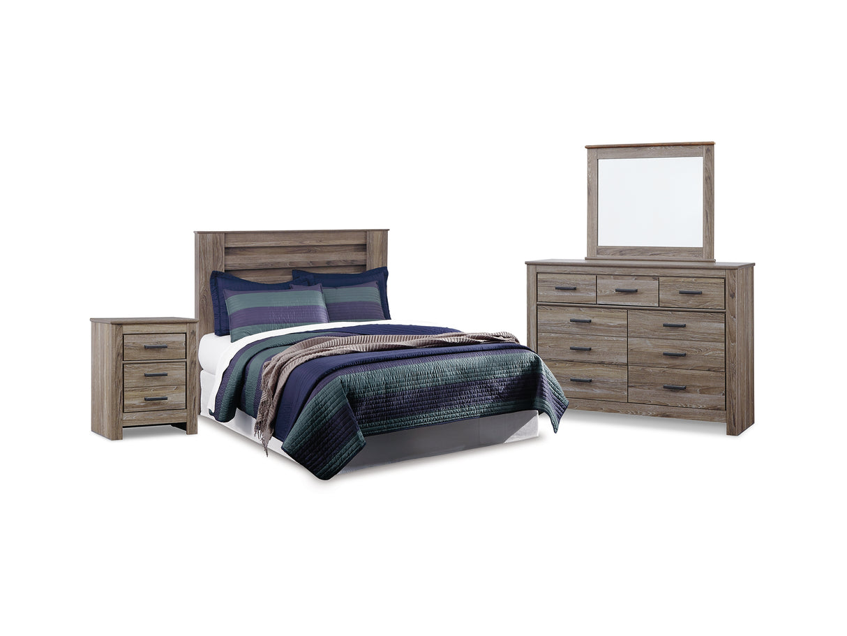 Zelen Warm Gray Queen Panel Headboard Bed With Mirrored Dresser And Nightstand