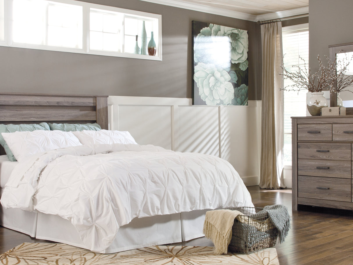 Zelen Warm Gray Queen Panel Headboard Bed With Mirrored Dresser And Nightstand
