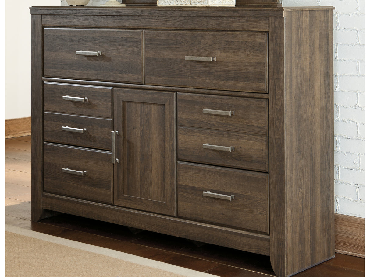 Juararo Dark Brown King Poster Bed, Dresser, Chest And Nightstand
