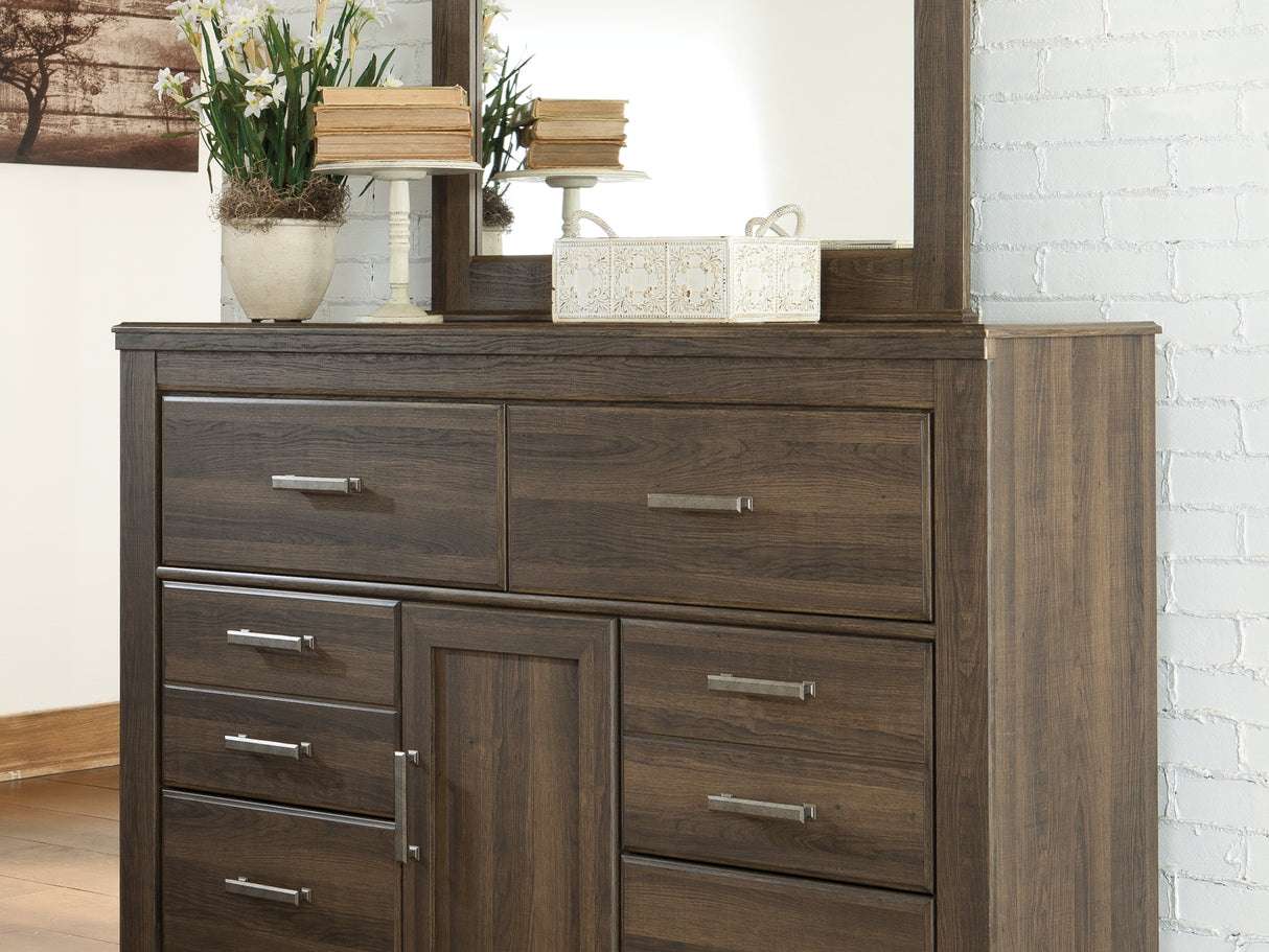 Juararo Dark Brown King Poster Bed, Dresser, Mirror, Chest And Nightstand