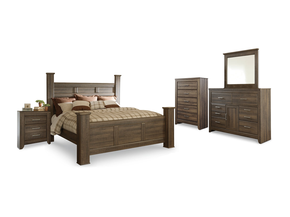 Juararo Dark Brown King Poster Bed, Dresser, Mirror, Chest And Nightstand