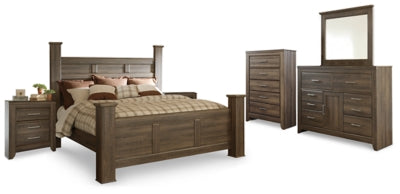 Juararo Dark Brown King Poster Bed, Dresser, Mirror, Chest And 2 Nightstands