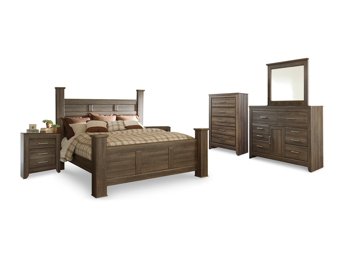 Juararo Dark Brown King Poster Bed, Dresser, Mirror, Chest And 2 Nightstands