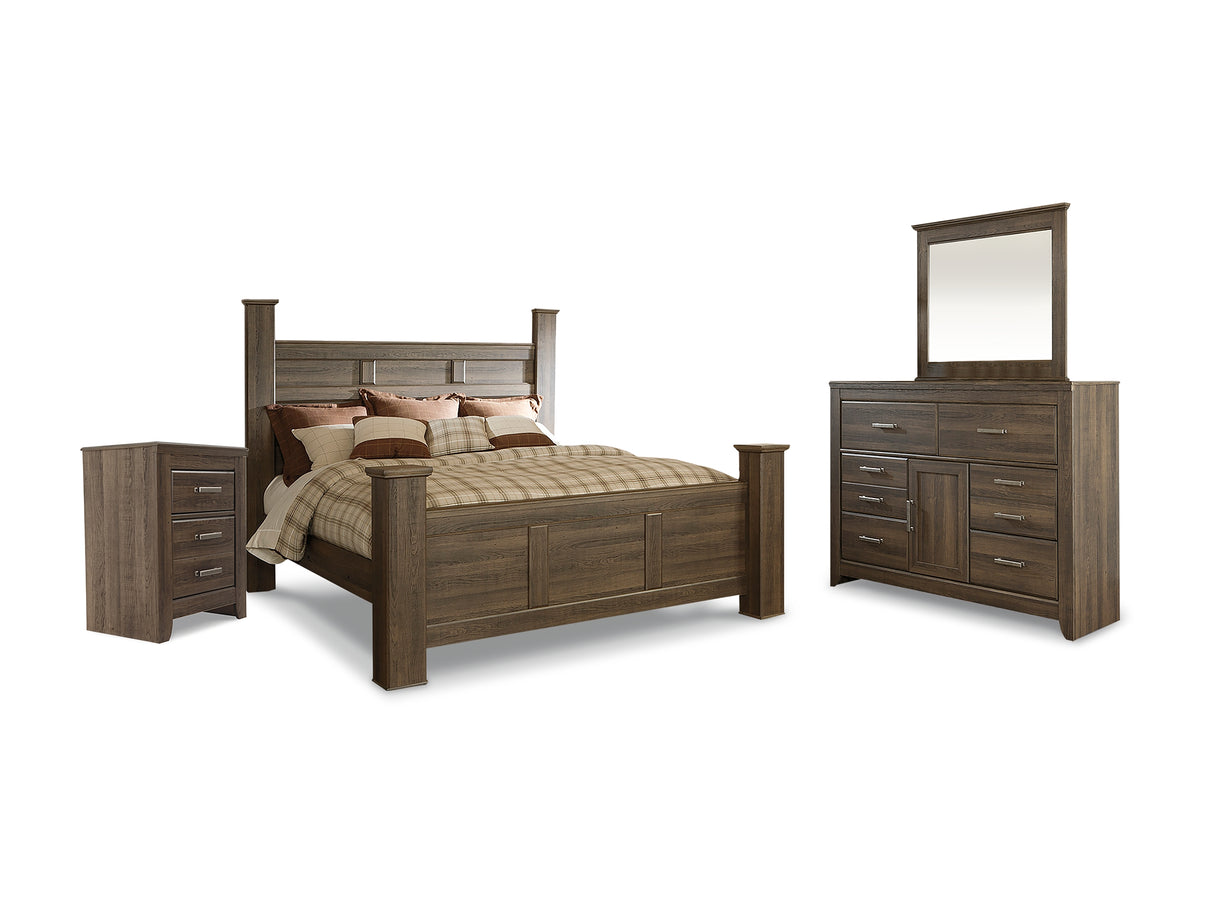 Juararo Dark Brown King Poster Bed, Dresser, Mirror And Nightstand