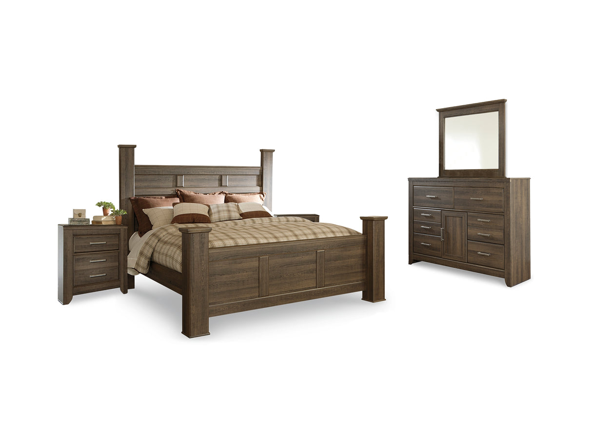 Juararo Dark Brown King Poster Bed, Dresser, Mirror And 2 Nightstands