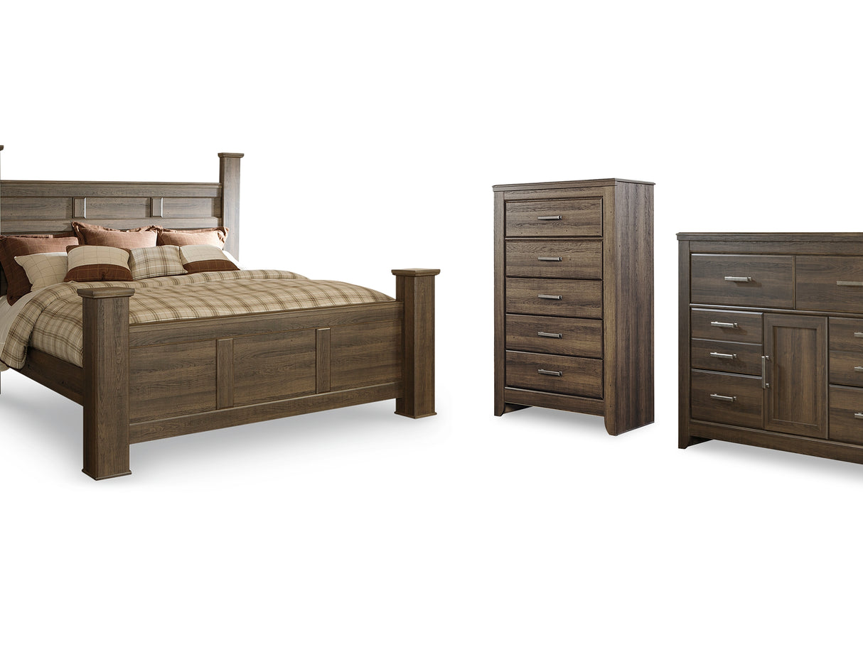 Juararo Dark Brown King Poster Bed, Dresser, Chest And Nightstand